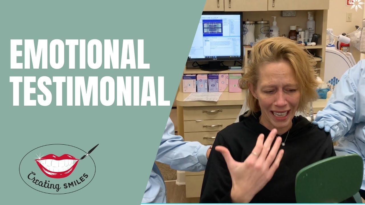 Woman smiling in dental office with "Emotional Testimonial" text overlay and Creating Smiles Dental logo.
