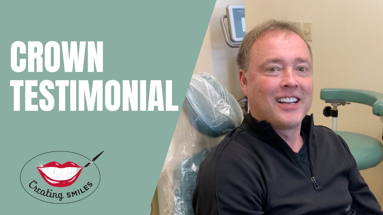 Dentist holding dental crown model in office with "Crown Testimonial" text overlay.