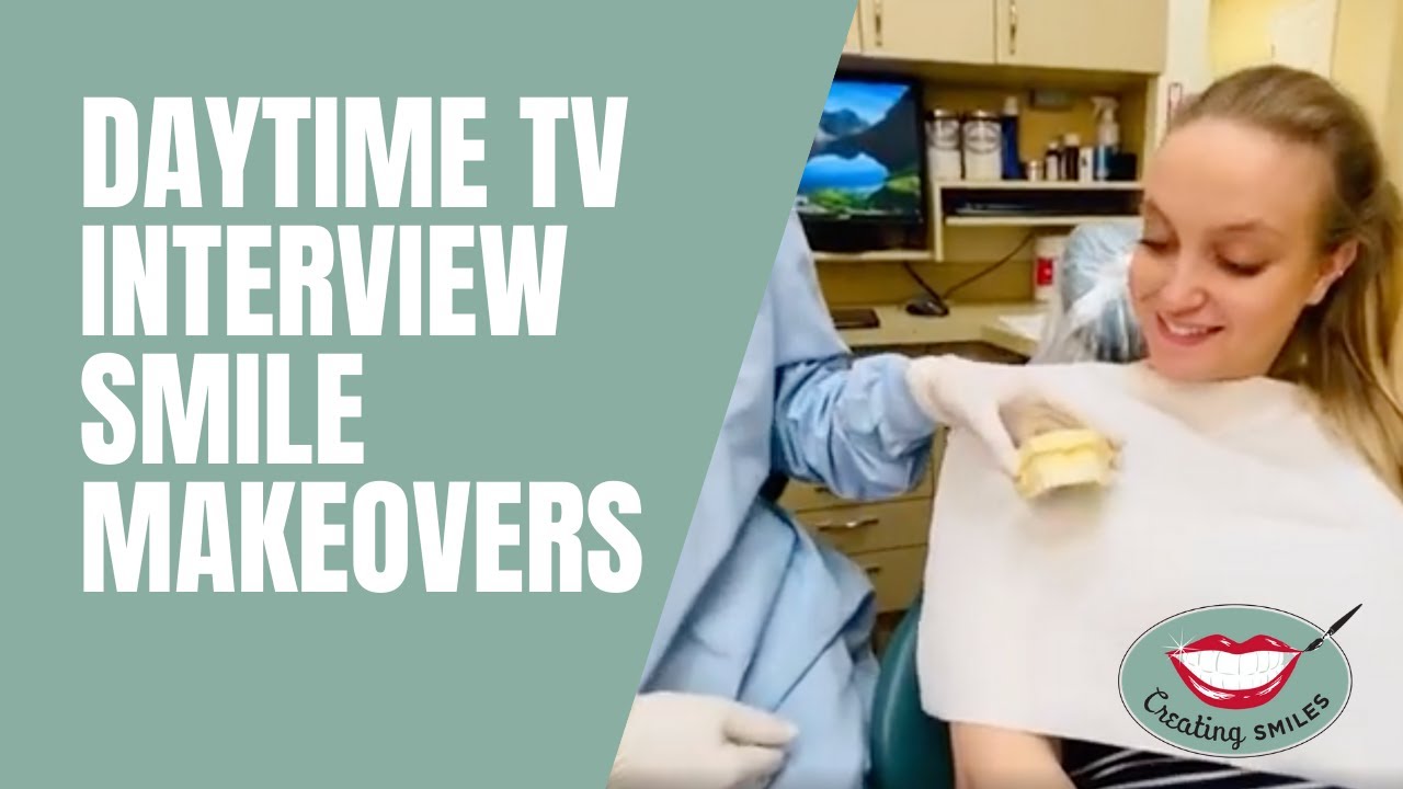 Dental professional holds smile model during daytime TV interview makeover segment in clinic setting.
