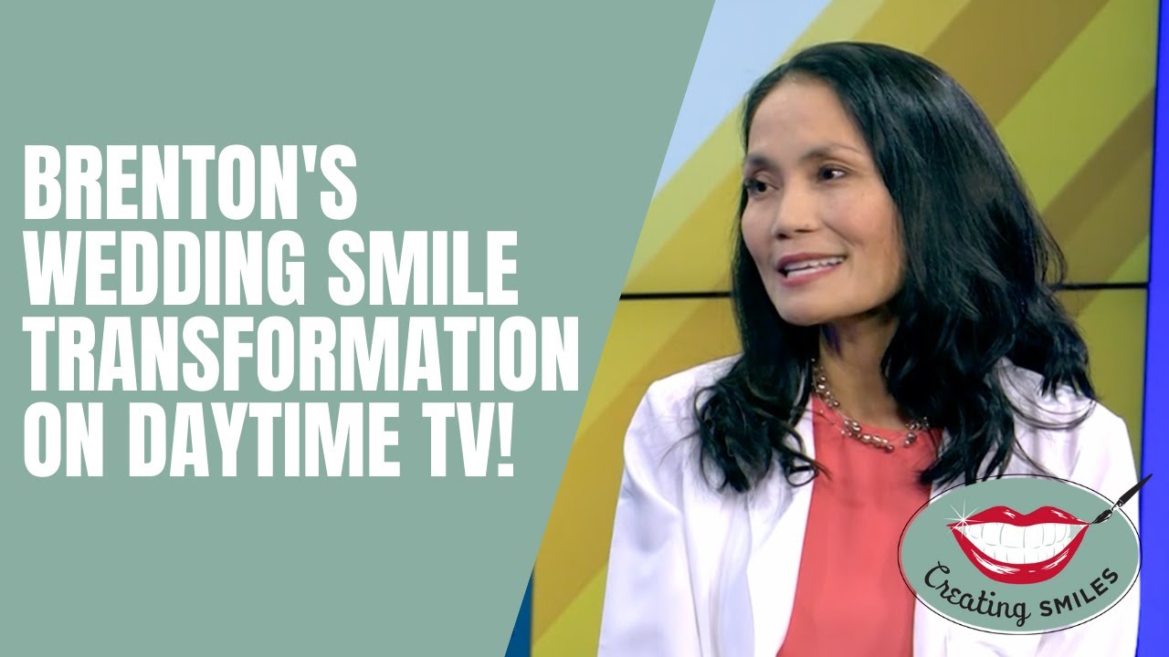 Dental professional smiling at camera in clinical setting with branding text overlay about wedding smile transformation.