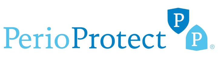 PerioProtect logo featuring blue text and white "P" badges on dental website.