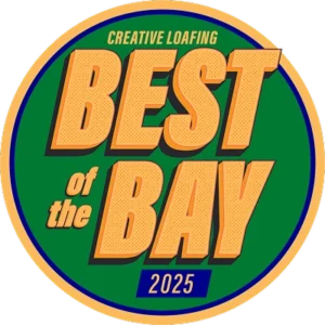 Creative Loafing Best of the Bay 2025 award badge with green and gold circular design
